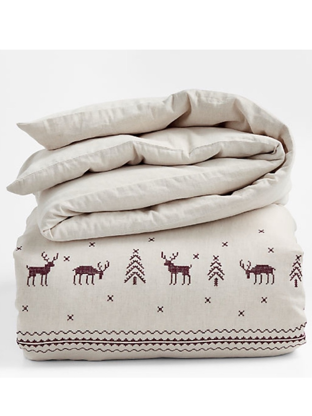 New! Crate&Barrel Reindeer Embroidered Cotton Linen Cross Stitch Natural Duvet